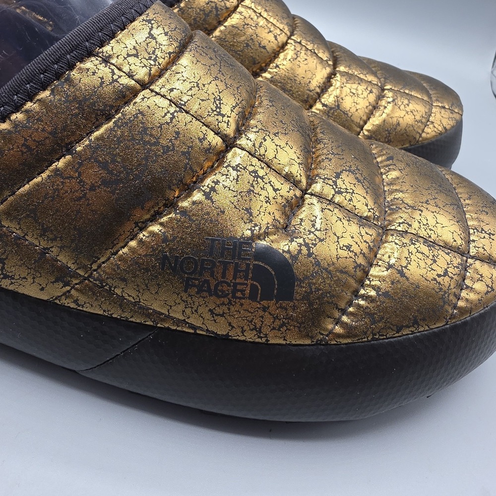 The North Face Thermoball Slippers Womens  7 Gold Black Faux Fur Lined Hard Sole - Picture 6 of 14